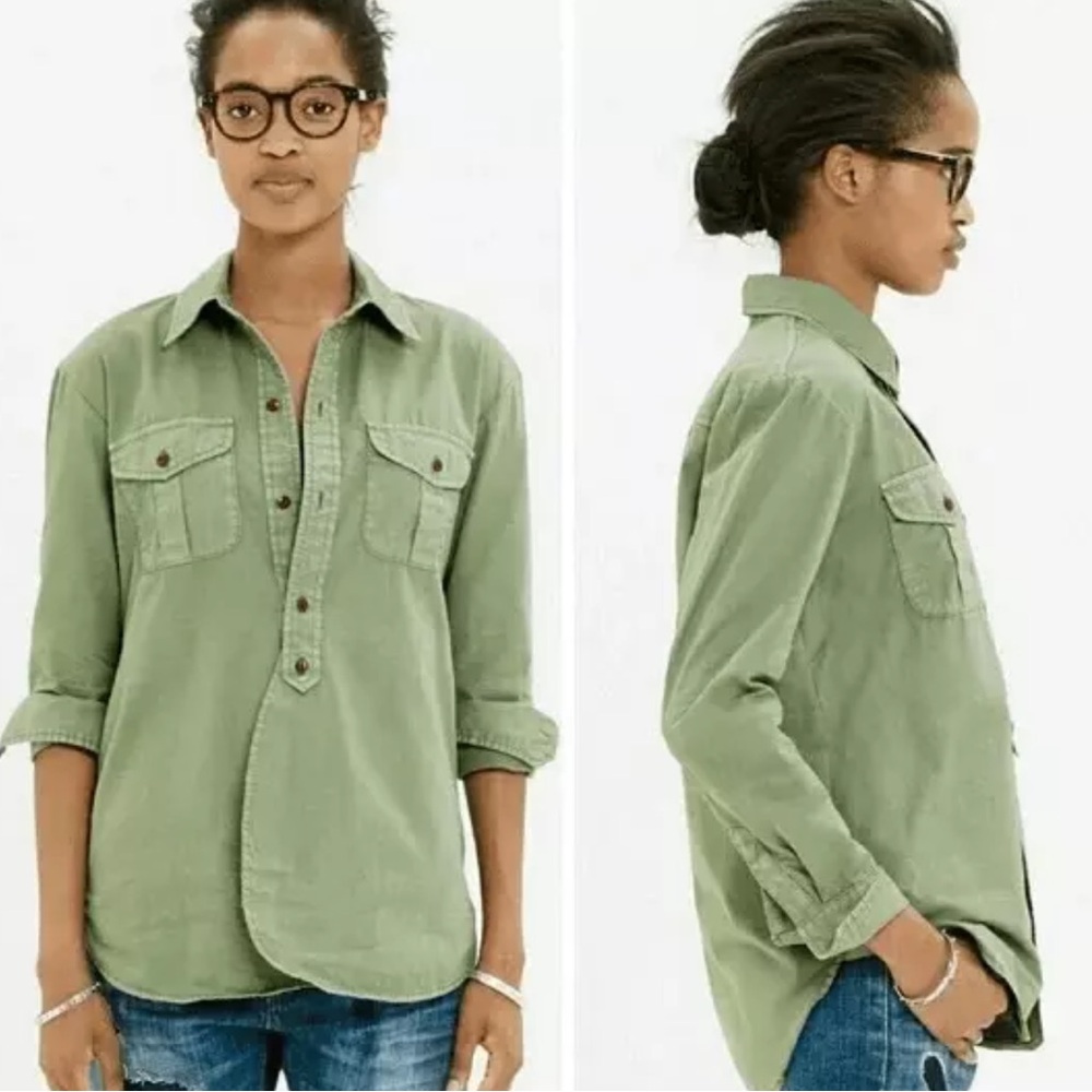 2/$25 🟣 Madewell Cargo Green Work Button Down Rounded Hem Shirt B0391